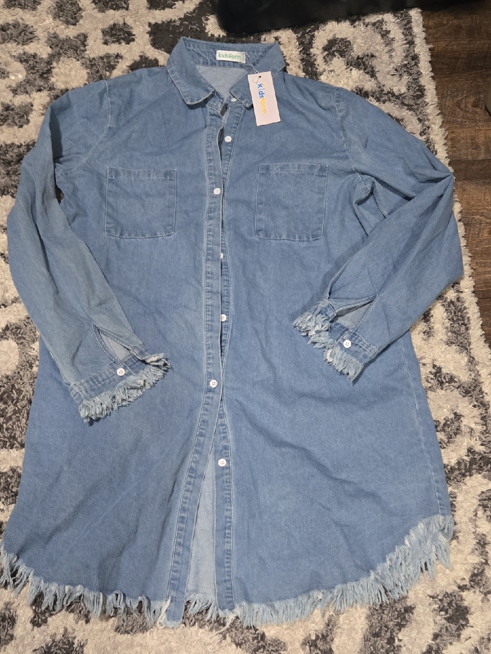 Light Wash Denim Button-Up Dress with Frayed Hem